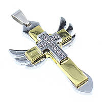 Крест с камнями из нержавеющей стали двухцветный золото и серебро крылья Stainless Steel размер 45 х 30 мм