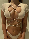 Бежевий жіночий купальник з плечиками, фото 2