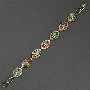 Браслет женский золотистого цвета с разноцветными кристаллами и бирюзой застежка тогл длинна 22 см ширина 10мм