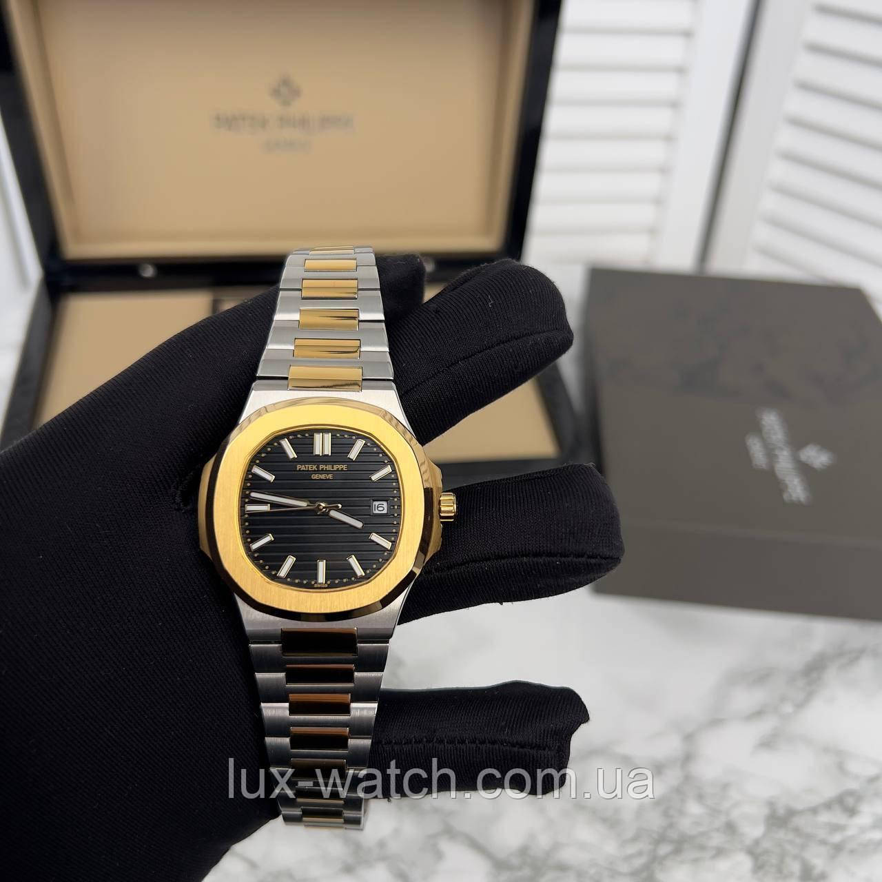 Модний наручний годинник Patek Philippe Nautilus Gold/Silver-Black