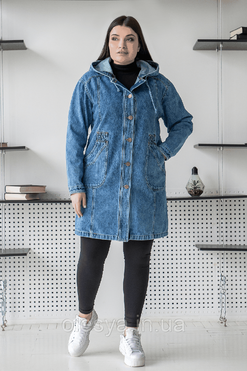 Джинсова куртка-вітровка ВД-8 на ґудзиках із капюшоном Розміри 52-58, фото 1