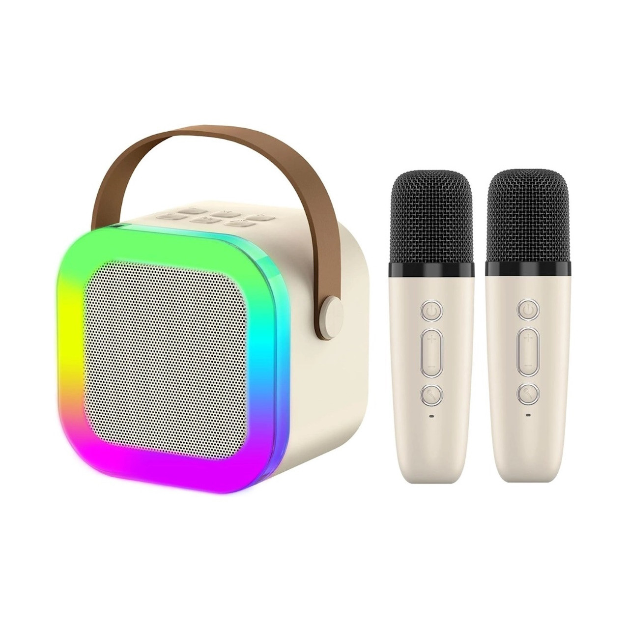 Дитяча караоке-система К12 з двома мікрофонами та підсвіткою. Bluetooth-колонка з USB бежева, фото 1