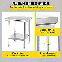 VEVOR Робочий стіл з нержавіючої сталі 60 см x 60 см Для приготування їжі, шиття, прання, рукоділля,