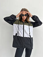 Удобная женская куртка-ветровка на змейке Талия на шнурке Плащевка Канада 42-46,48-52 Цвет хаки+белый+черный