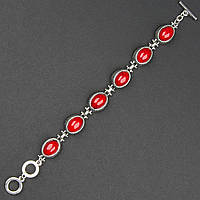 Браслет жіночий сріблястого кольору з кораловими камінчиками та візерунками застібка тогл завдовжки 22 см ширина 10 мм