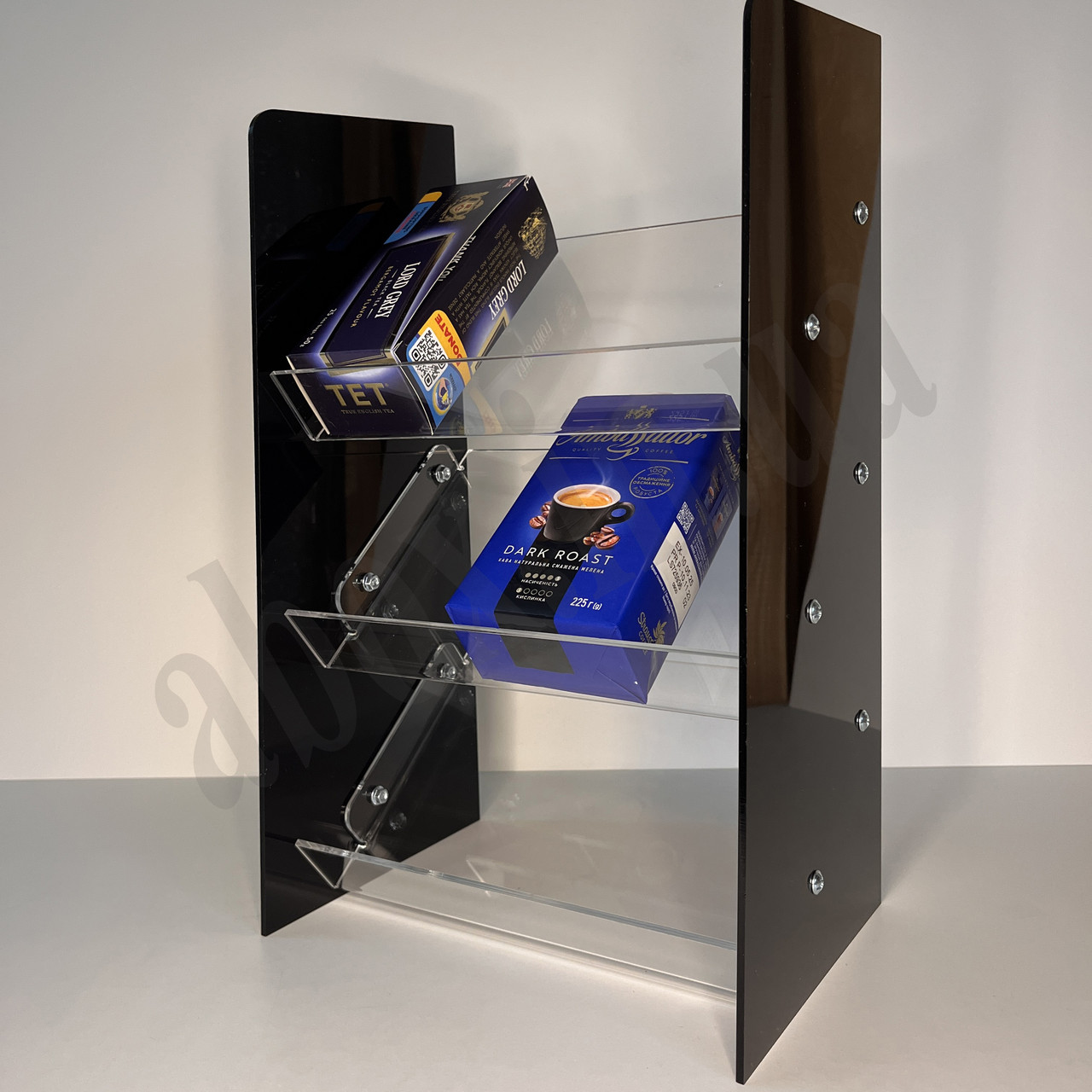 Прикасова вітрина для товарів | Чорна основа та прозорі полички | 3 полички, фото 1