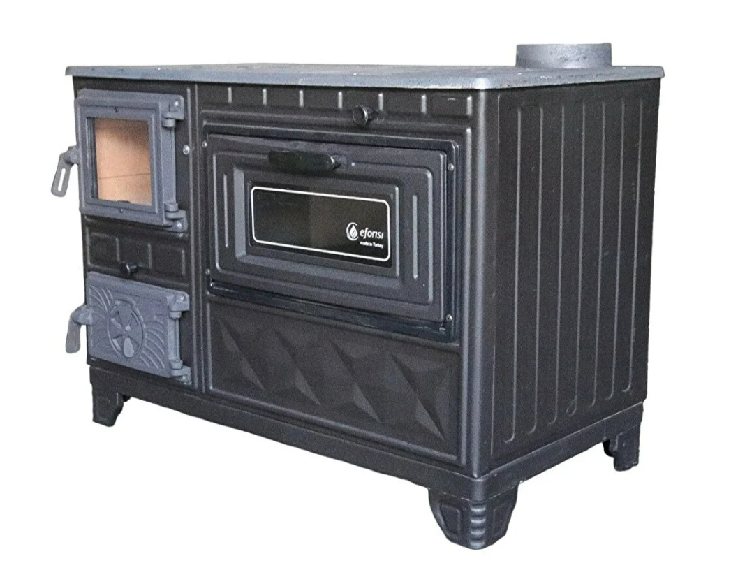 Дровяная печь-кухня Efor EFS-11 «евро буржуйка» с варочной поверхностью и духовкой 8,6 кВт. (двери чугун, топка керамо) 8,6 кВт. 46кг ш820г430в620мм. (ЧОРНИЙ) - фото 8 - id-p2108811219
