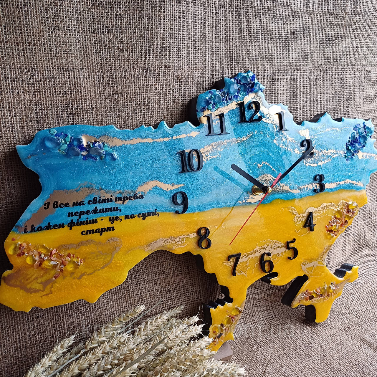 Настінний годинник з епоксидної смоли ручної роботи "Карта України" 70х45 см