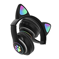 Беспроводные наушники с ушками с микрофоном Cat Ear светящиеся ушки и лапки кошки Bluetooth складные (Черные)