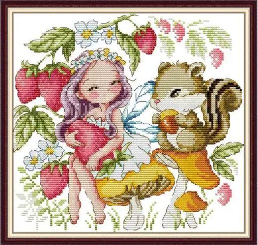 Набір для вишивання за нанесеною на канву схемою "The Strawberry Fairy". AIDA 14CT printed 28*27 см