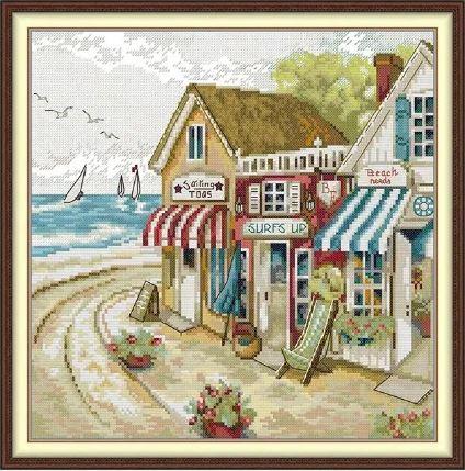 Набір для вишивання за нанесеною на канву схемою "Shop by the Sea". AIDA 14CT printed 34*34 см