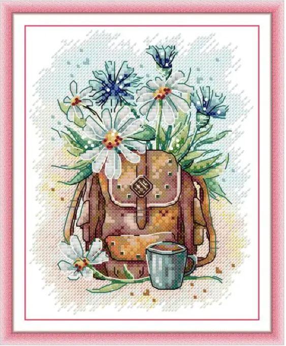 Набір для вишивання за нанесеною на канву схемою "Schoolbag & Chamomiles".AIDA 14CT printed , 18*21 см