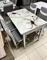 Обеденный комплект, раскладной кухонный стол 130-170 см и 6 стульев, серый цветы, ножки хром Турция