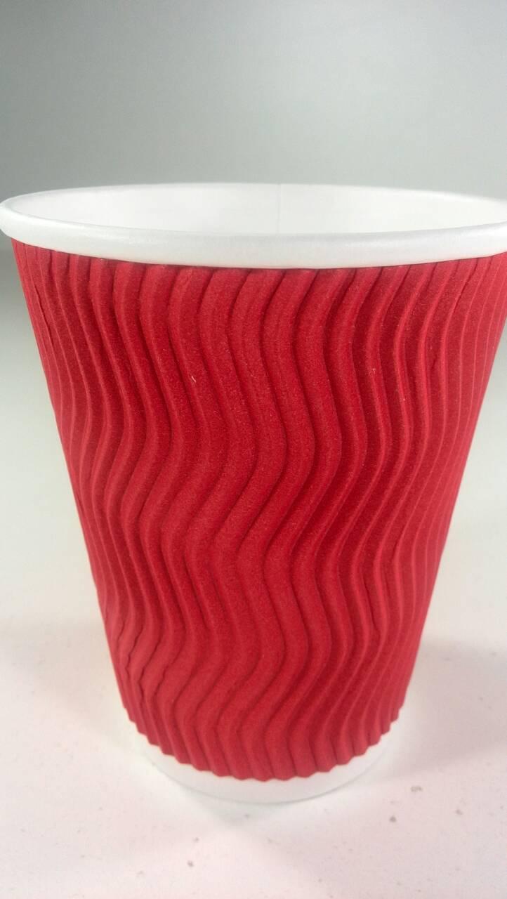 Склянки паперові гофровані 400 мл 15 шт. стаканчики для кави та чаю гофра картонні Червоні для напоїв