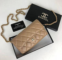 Портмоне -кошелек -клатч 3в1 натуральная кожа бежевая Chanel long flap + коробка бренд