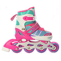 Раздвижные детские ролики на шнуровке и клипса с подсветкой размер 31-34 Profi A4139-S-P Розово-зеленый