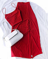 Женский костюм двойка в обтяжку топ без рукавов + длинная юбка в рубчик тренд 2024 черный, красный, беж синий