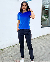 Летний спортивный костюм женский с футболкой синий велюровый костюм женский прогулочный брюки и футболка