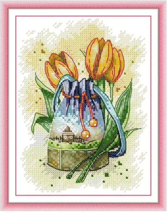 Набір для вишивання за нанесеною на канву схемою "Schoolbag & Tulips".AIDA 14CT printed , 17*21 см