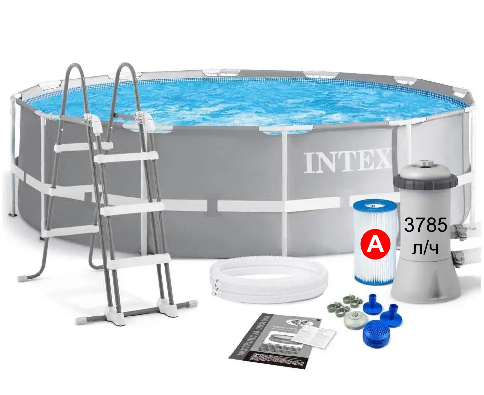 Басейн каркасний круглий Intex 26718, комплектація (листниця, фільтр 3 785 л/год) 366 х 122 см, 10685 л, сірий