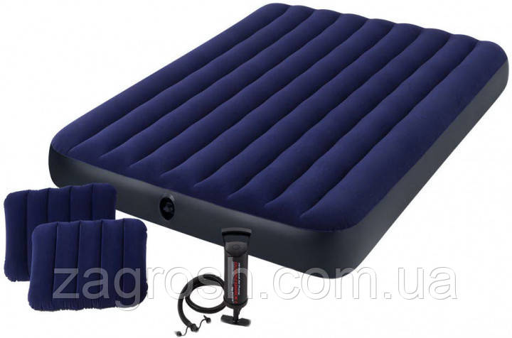 Матрац надувний двомісний із подушками Intex 64765 152х203х25 см, синій