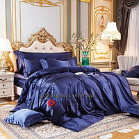 Атласное Синее двуспальное постельное белье Moka Textile 175х210см