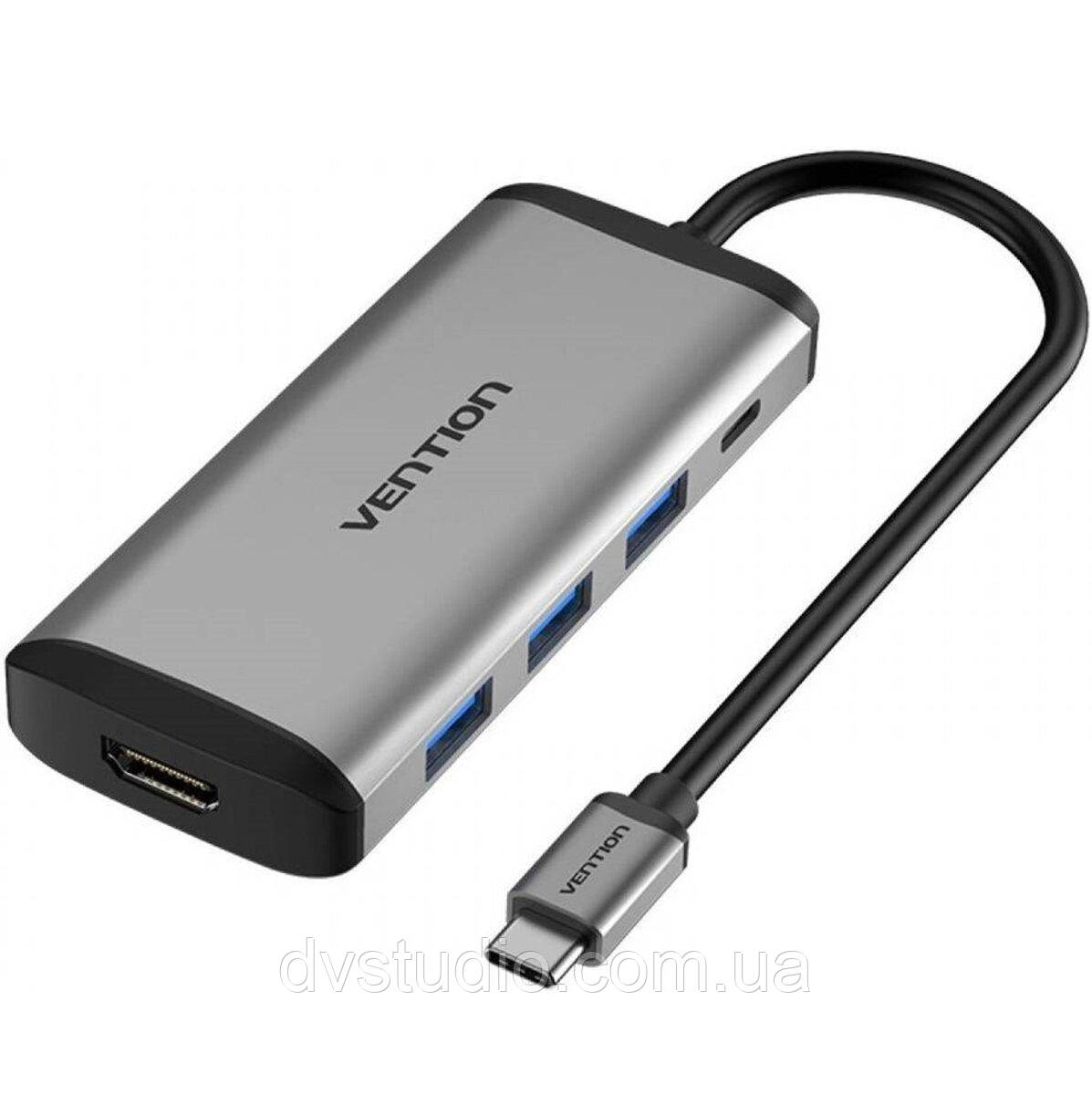 Хаб Vention Type-C to HDMI/USB3.0*3/PD Converter 0.15M Gray Metal Type (CNBHB)