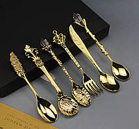 Комплект ложечок 6 штук золотисті для десертів з харчової сталі, ложки і виделка для напитків з візерунками