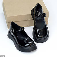 Модельные черные глянцевые туфли на шлейке низкий ход круглый носок современный дизайн 40-26 см 37