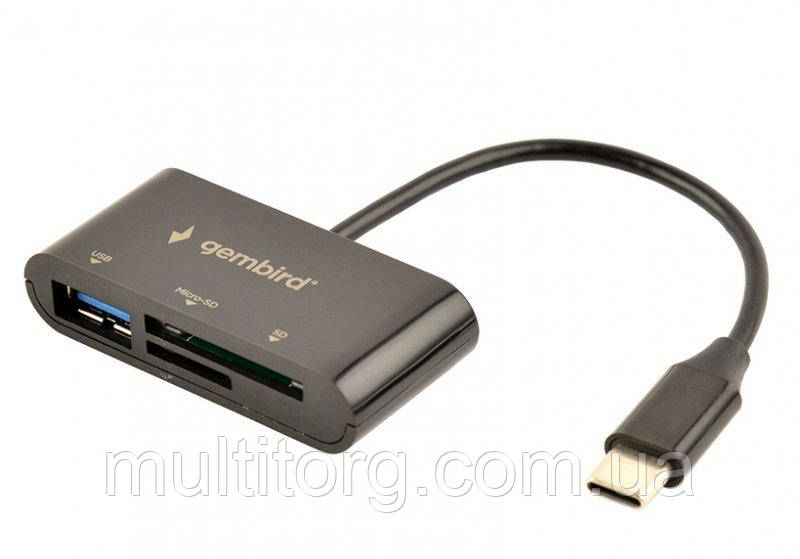 Кардридер Type-C Gembird UHB-CR3-02, вихід - USB 2.0, SD+Micro-SD, пластик, чорний
