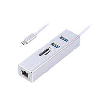 Адаптер, з USB на Gigabit Ethernet NECH-2P-SD-01, 2 Ports USB 3.0 + microSD/TF card reader 1000 Mbps, метал, сірий