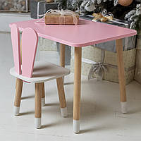 Розовый прямоугольный столик и стульчик детский зайка с белым сиденьем. Розовый детский столик 6113