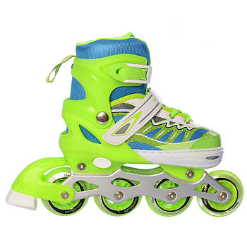 Розсувні дитячі ковзани 31-34 р на 4 колесах бакля зі шнурівкою та підсвічуванням Profi A4122-S-GR Зелений