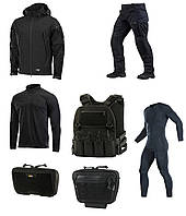 M-tac комплект Black куртка, штаны с тактическими наколенниками, термобельё, плитоноска, подсумки 2XL ll