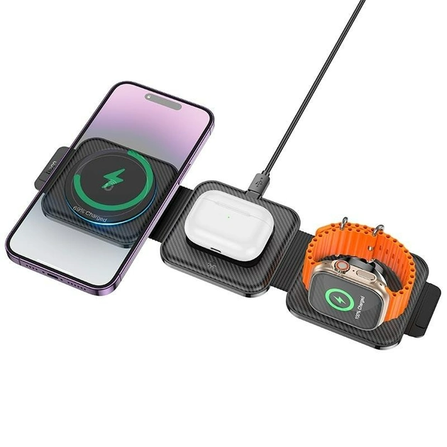 Бездротова зарядка Qi 3в1 HOCO CQ4 Flash folding QI 15W Max для iPhone + iWatch + Airpods Black