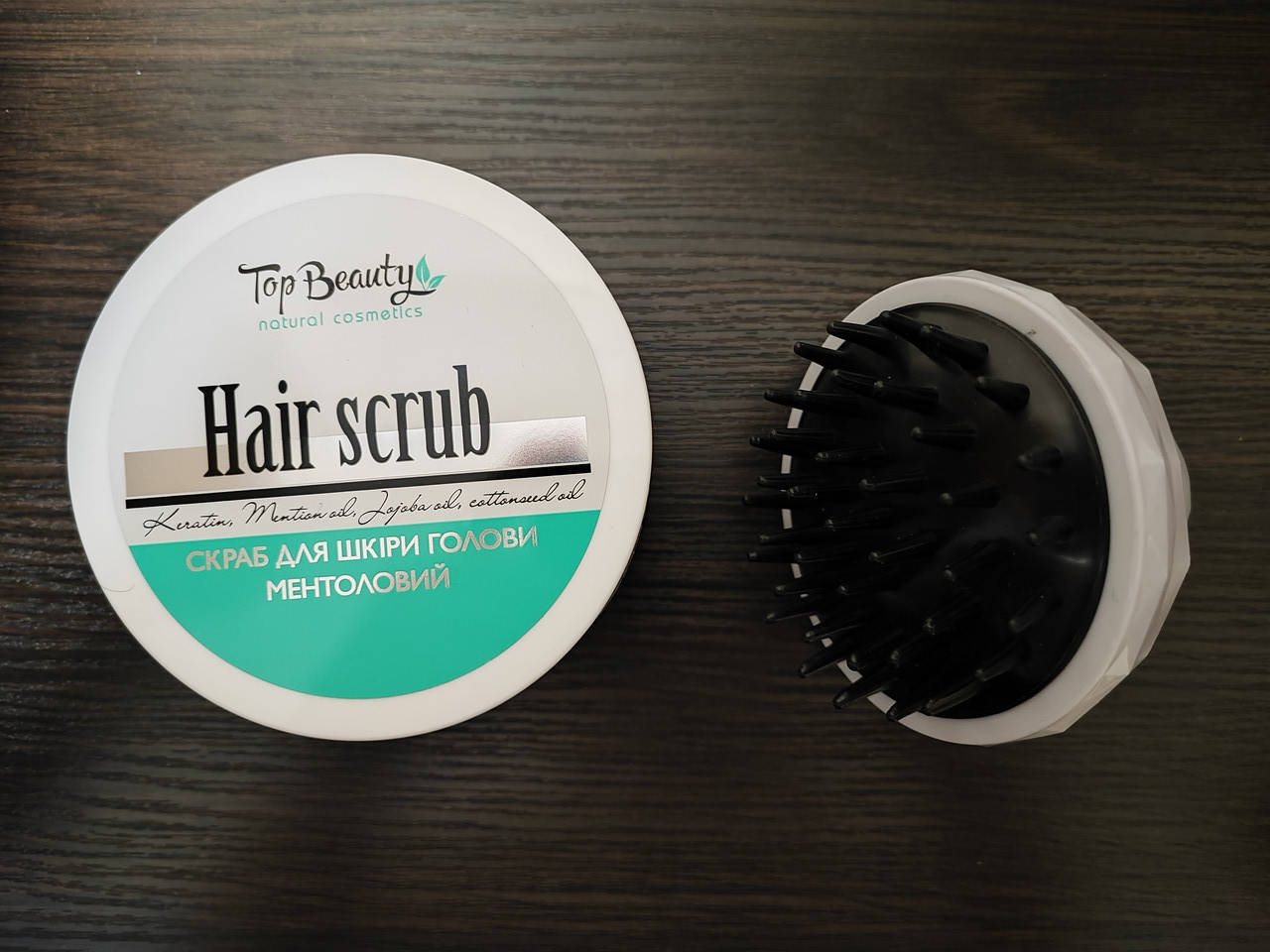 Набір скраб пілінг для шкіри голови ментоловий Top Beauty з масажною щіткою для миття голови, фото 1