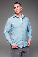 Стильная мужская рубашка из льна , бирюзовая с карманом L