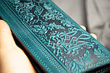 Темно-бірюзовий гаманець жіночий довгий шкіряний з орнаментом тисненням Тризуб Герб України Калина, фото 9