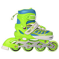 Детские раздвижные коньки на 4 колесах бакля с шнуровкой и подсветкой размер 31-34 Profi A4122-S-GR Зеленый