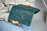 Темно-бірюзовий гаманець жіночий довгий шкіряний з орнаментом тисненням Котики, фото 7