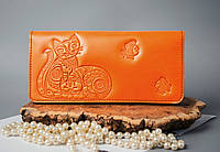 Яркий кожаный кошелек с котиками Оранжевый кошелек ручной работы