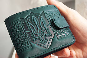 Чоловічий шкіряний гаманець з Тризубом | Гаманець з Гербом України темно-зелений