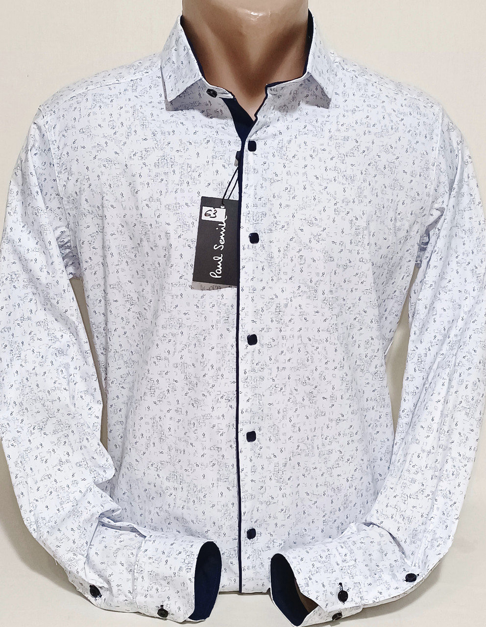 Сорочки чоловічі Paul Smith vd-0063 в прин біла приталена стрейч стильна, ошатна Туреччина з довгим рукавом