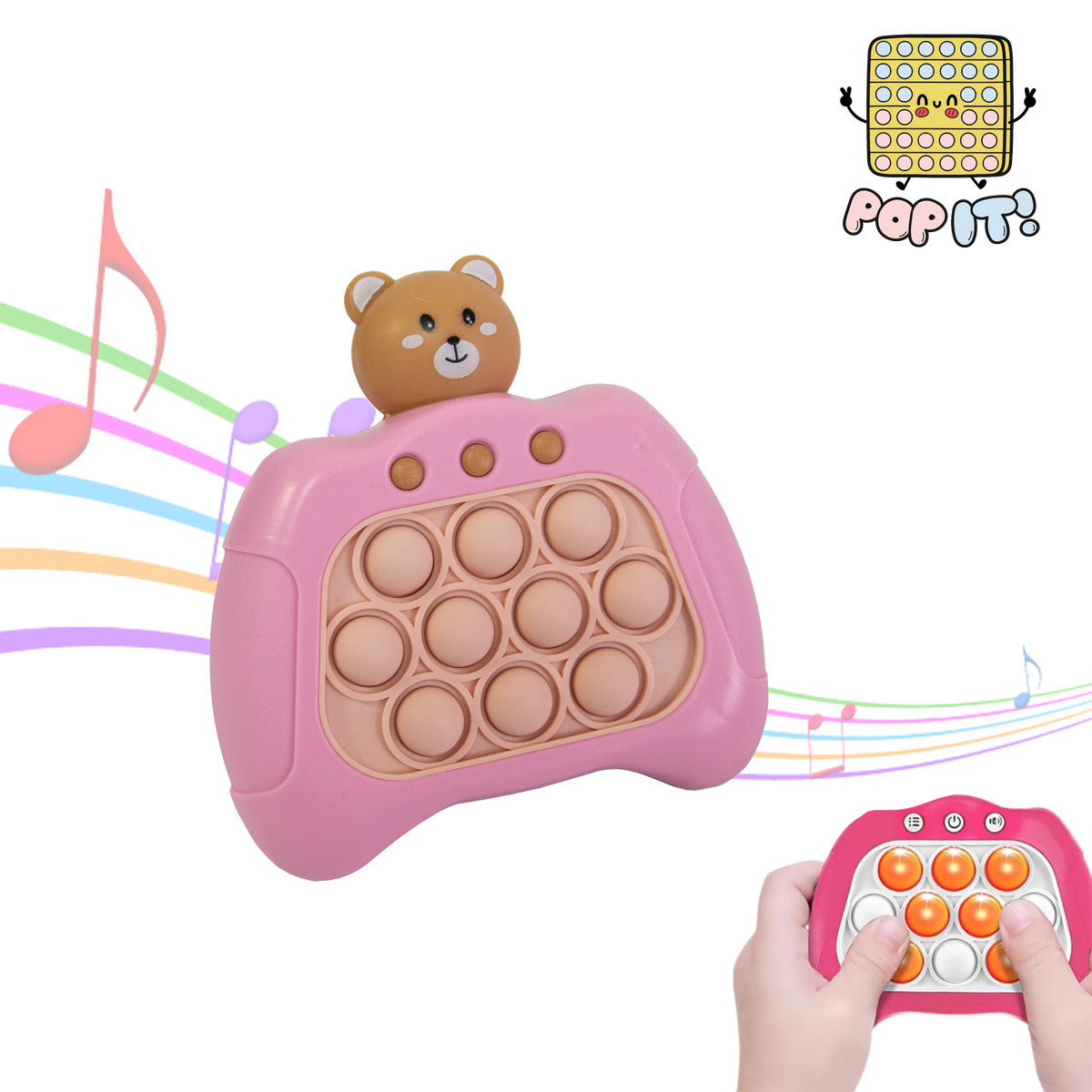 Антистрес для рук POP IT - Quick Push Game machine "Рожевий з коричневим ведмедиком", Іграшка антистрес