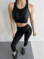 Спортивный костюм двойка (топ и леггинсы) из эластичной сеточки c эффектом пуш-ап черного цвета, размер M