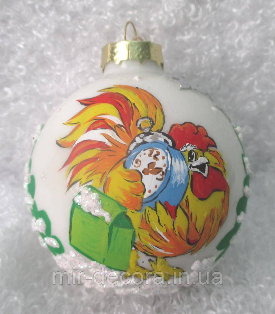 Куля новорічна 85 мм "Петух із будильником", фото 1