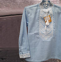 Детская вышиванка для мальчика Михайлик голубой лен, рубашка с белой вышивкой в украинском стиле