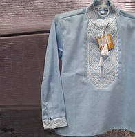 Дитяча вишиванка для хлопчика Михайлик, блакитна сорочка з білою вишивкою в українському стилі 122