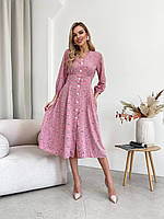 Романтичное женское приталенное летнее платье из софта длины миди с рукавом 3/4 Цвет Розовый Цветочный Принт