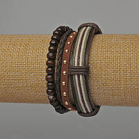 Браслет чоловічий 3 штуки екошкіра колір коричневий (затяжка та стрейч) купити біжутерію оптом в інтернеті